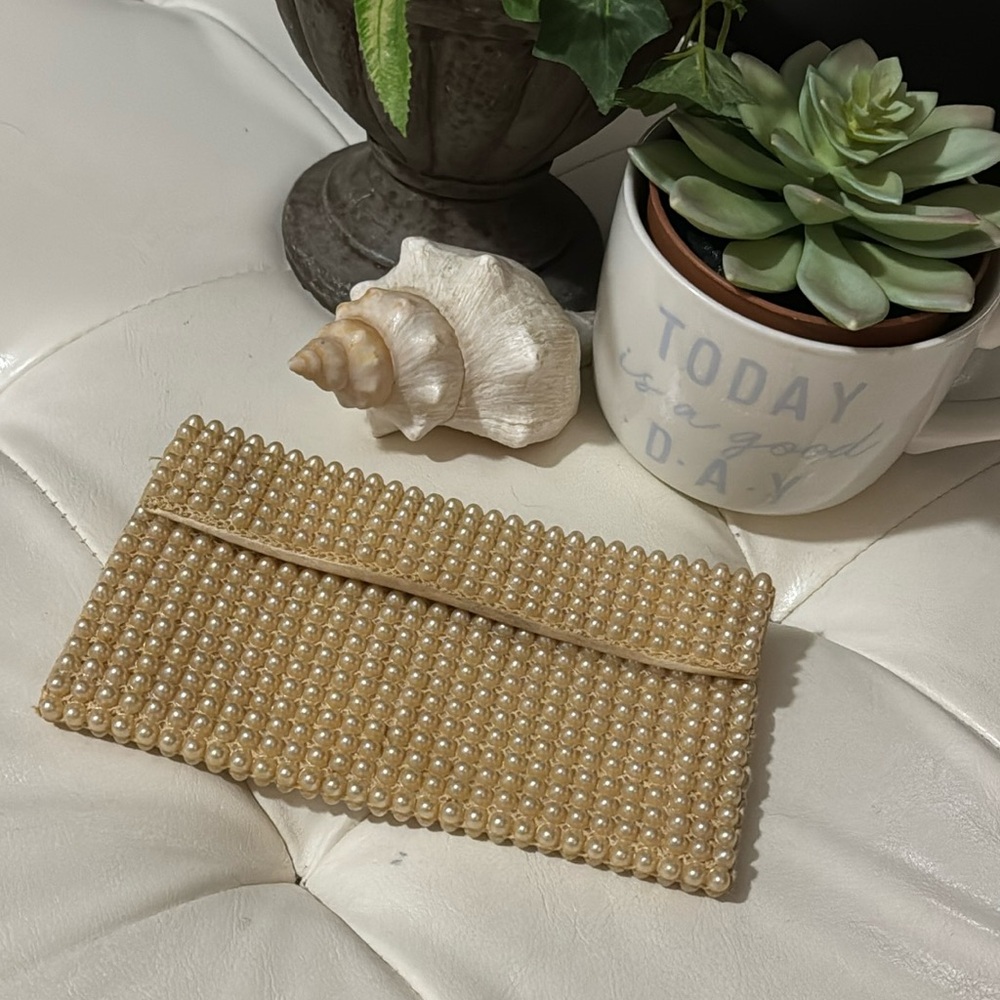 Vintage Candy Dot Clutch-Cream Pearly Color-Satin Lined-Snap Top Fold Over